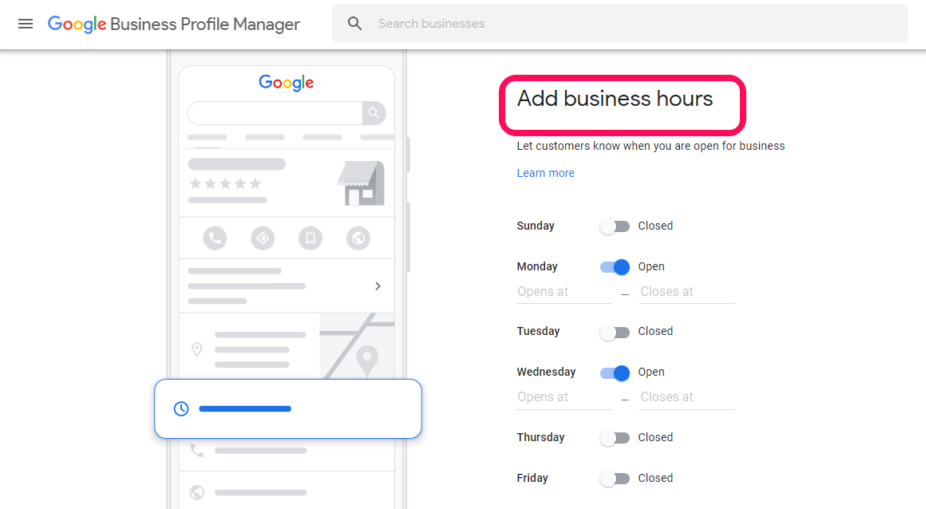 Google Profil Bisnis open hours