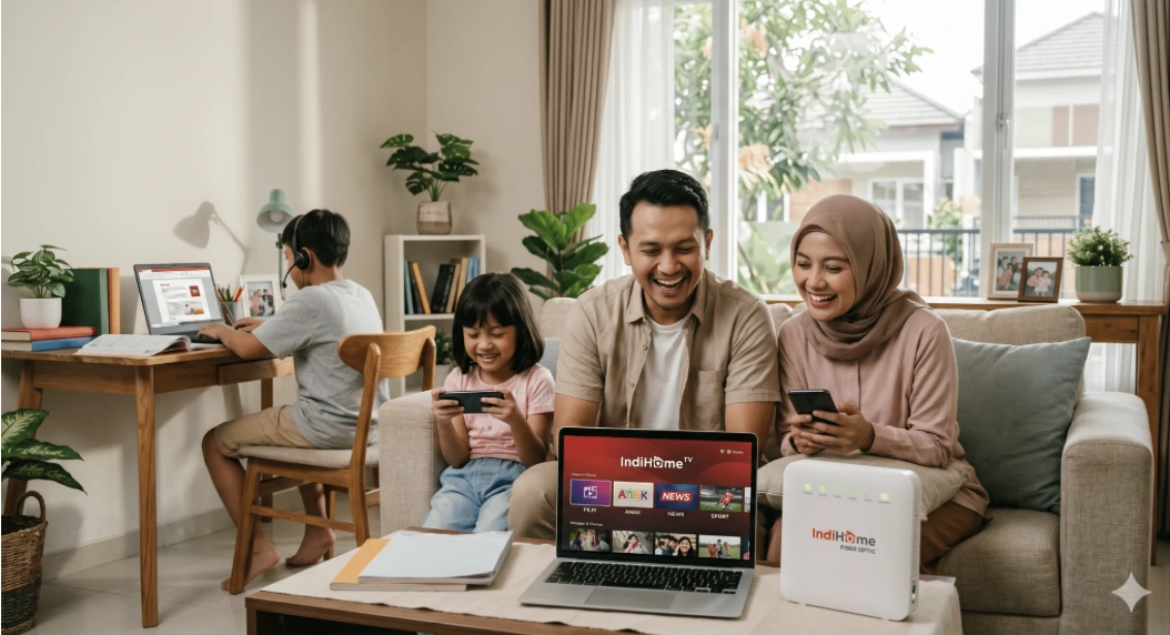 Aktivitas keluarga bahagia setelah sukses pasang wifi indihome terdekat menggunakan internet fiber optik yang stabil dan cepat.